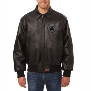 Boston-Celtics-Tonal-Full-Leather-Bomber-Jacket-Black