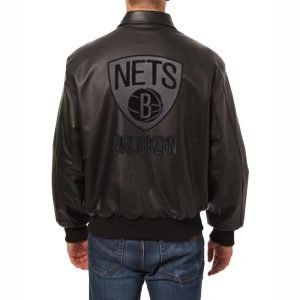 Alternative view of Brooklyn Nets Leather Bomber Jacket - Black