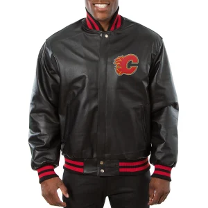 Calgary Flames Leather Varsity Jacket Front View