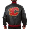 Calgary Flames Leather Varsity Jacket Back View