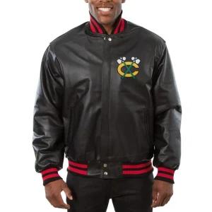 Chicago Blackhawks Black leather Varsity Jacket Front View