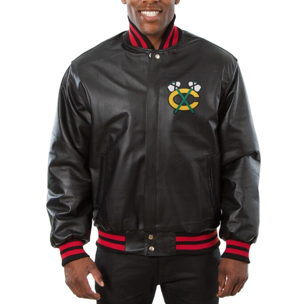 Chicago Blackhawks Black leather Varsity Jacket Front View