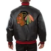 Chicago Blackhawks Black leather Varsity Jacket Back View