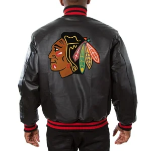 Chicago Blackhawks Black leather Varsity Jacket Back View