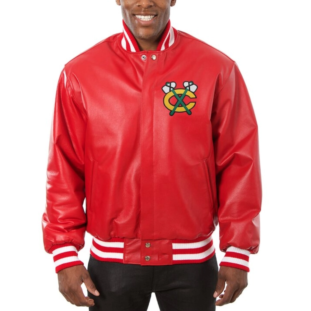 Chicago Blackhawks Leather Varsity Jacket Front View