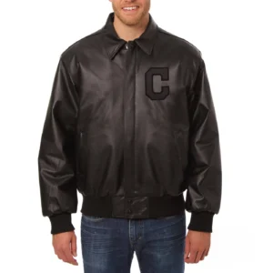 Cleveland-Indians-Shirt-Style-Collar-Black-Leather-Varsity-Jacket