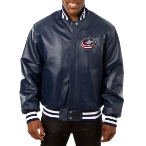 Columbus Blue Leather Varsity Jacket Front View