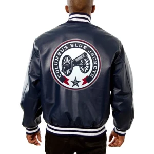 Columbus Blue Leather Varsity Jacket Back View