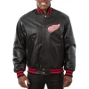 Detroit Red Wings Black Leather Varsity Jacket Front View