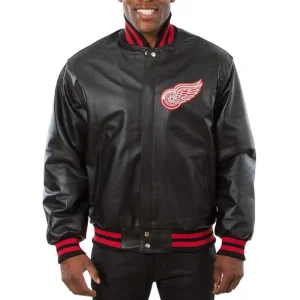 Detroit Red Wings Black Leather Varsity Jacket Front View