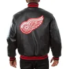 Detroit Red Wings Black Leather Varsity Jacket Back View