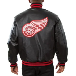 Detroit Red Wings Black Leather Varsity Jacket Back View