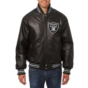Las Vegas Raiders Leather Varsity Jacket Front View