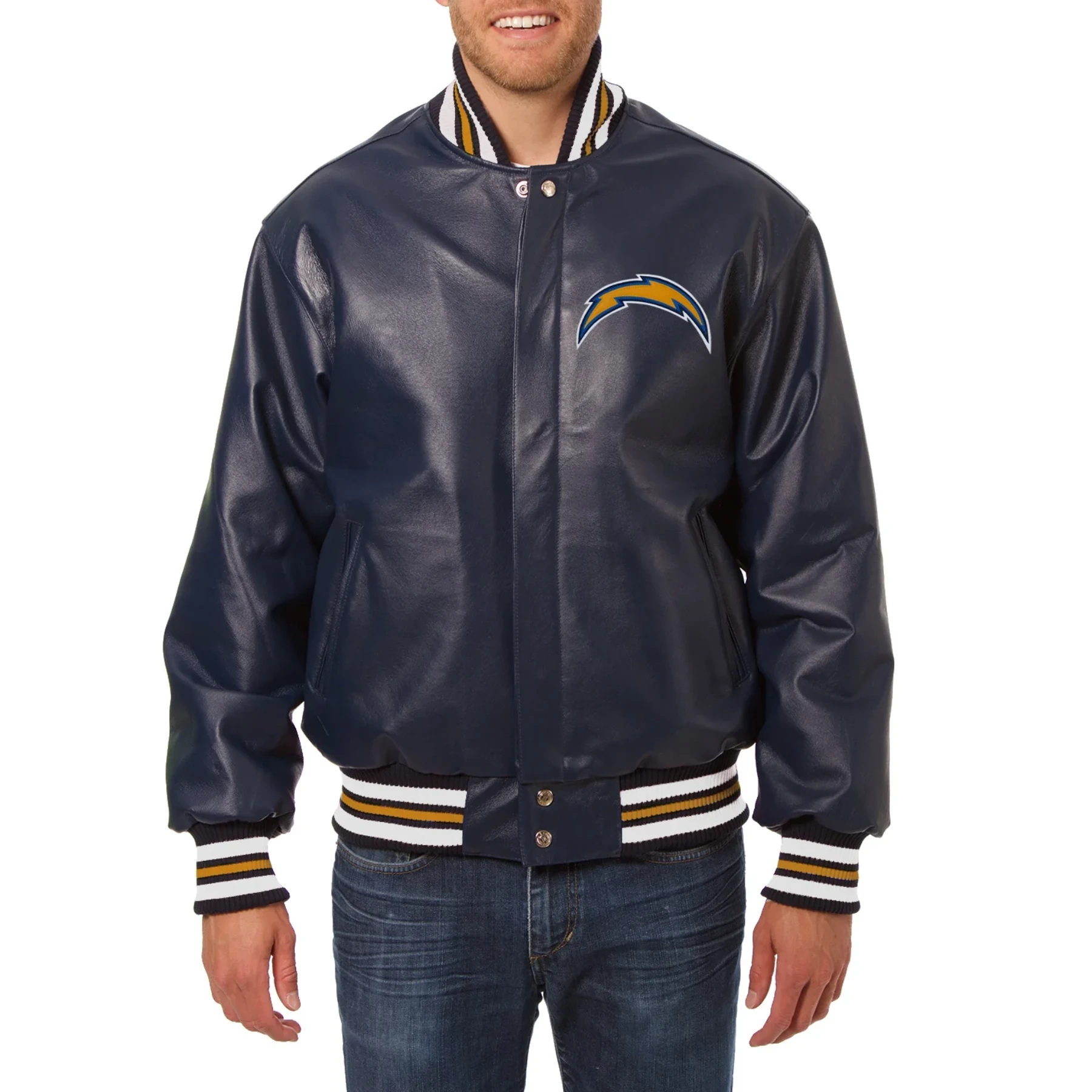 Los Angeles Chargers Leather Varsity Jacket Front View