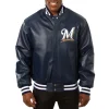 Milwaukee Brewers Leather Varsity Jacket Front View