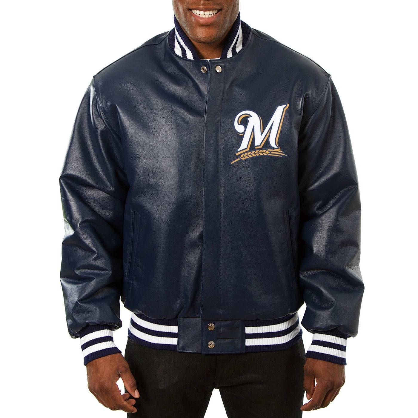 Milwaukee Brewers Leather Varsity Jacket Front View