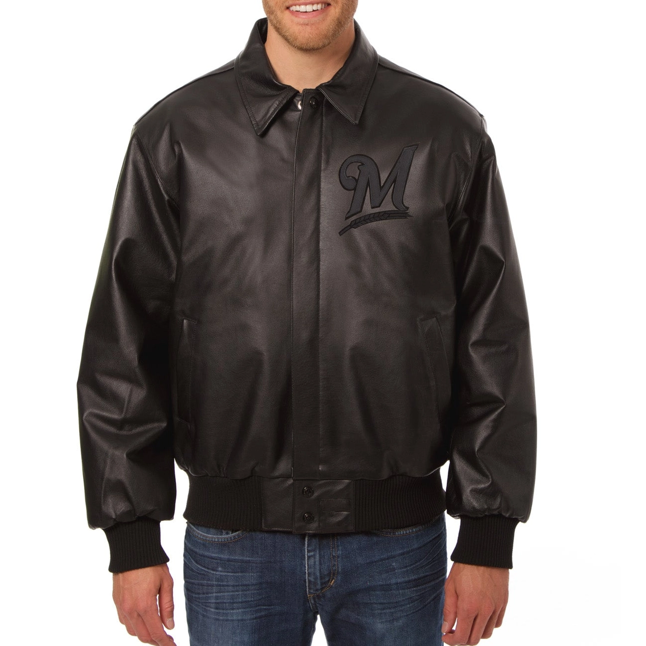Milwaukee-Brewers-Shirt-Style-Collar-Black-Leather-Varsity-Jacket