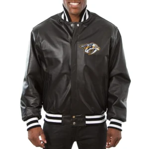 Nashville Predators Black Leather Varsity Jacket Front View