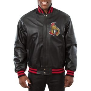 Ottawa Senators Black Leather Varsity Jacket Front View