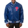 Philadelphia Phillies Blue Leather Varsity Jacket Front View