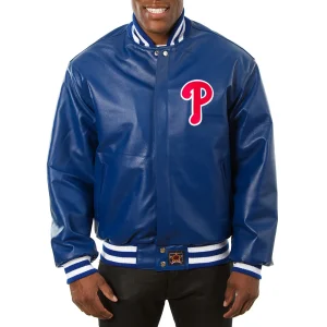 Philadelphia Phillies Blue Leather Varsity Jacket Front View