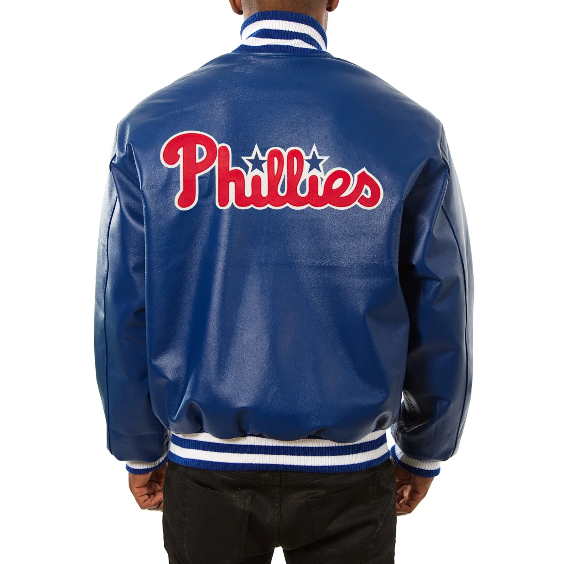 Philadelphia Phillies Blue Leather Varsity Jacket Back View