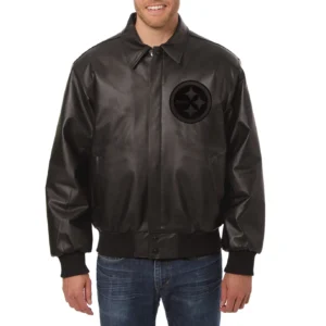 Pittsburgh-Steelers-Tonal-Full-Leather-Bomber-Jacket-Black
