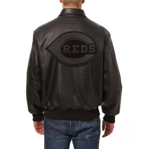 cincinnati reds tonal black leather bomber jacket