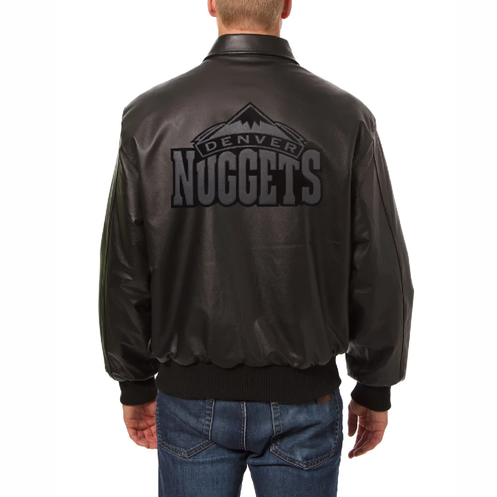 denver nuggets tonal black leather bomber jacket