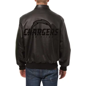 la chargers tonal black leather bomber jacket