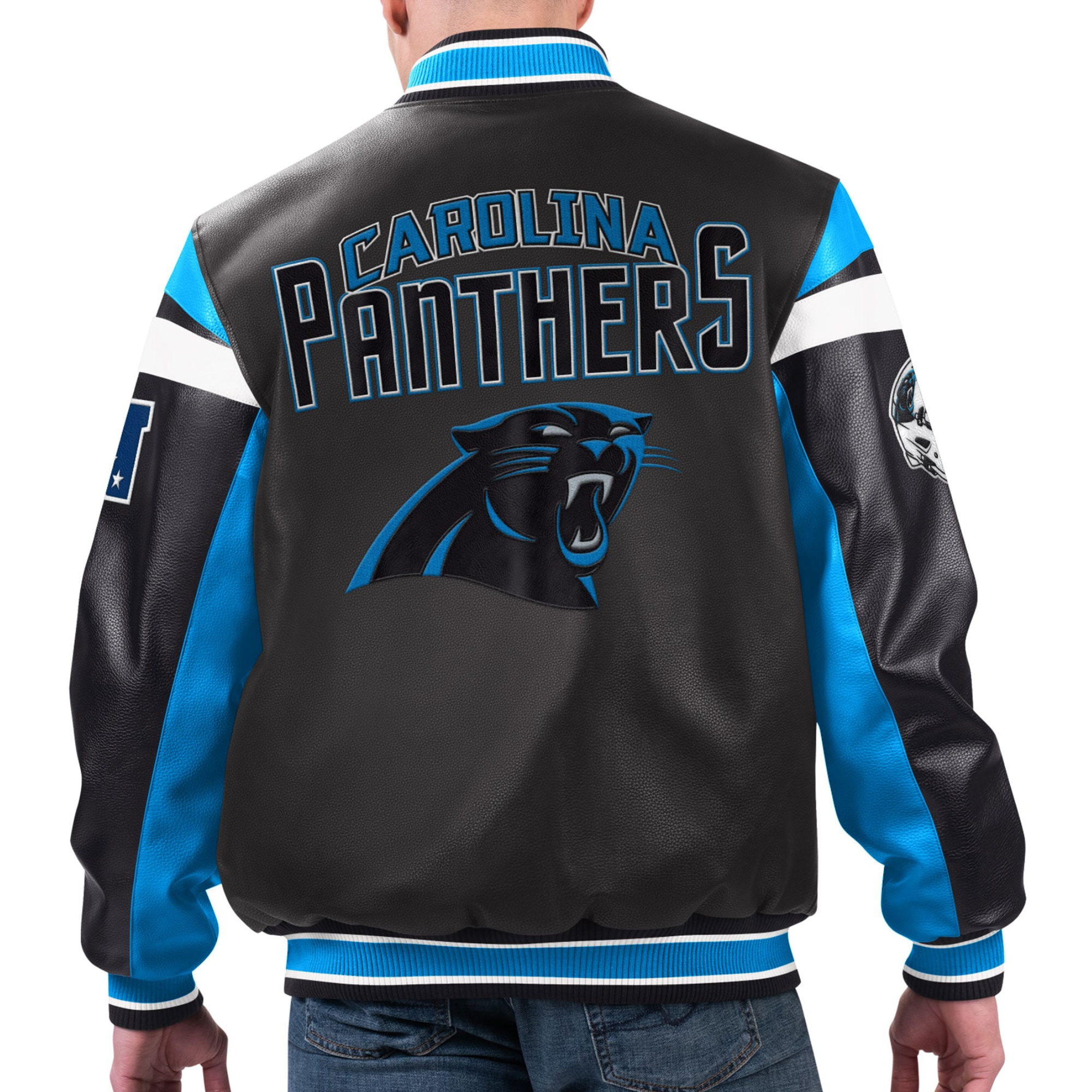 Carolina-Panthers-G-III-Sports-by-Carl-Banks-Black-Varsity-Leather-Jacket