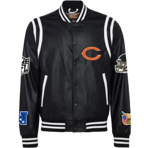 Chicago-Bears-Jeff-Hamilton-Black-Vegan-Full-Snap-Leather-Varsity-Jacket