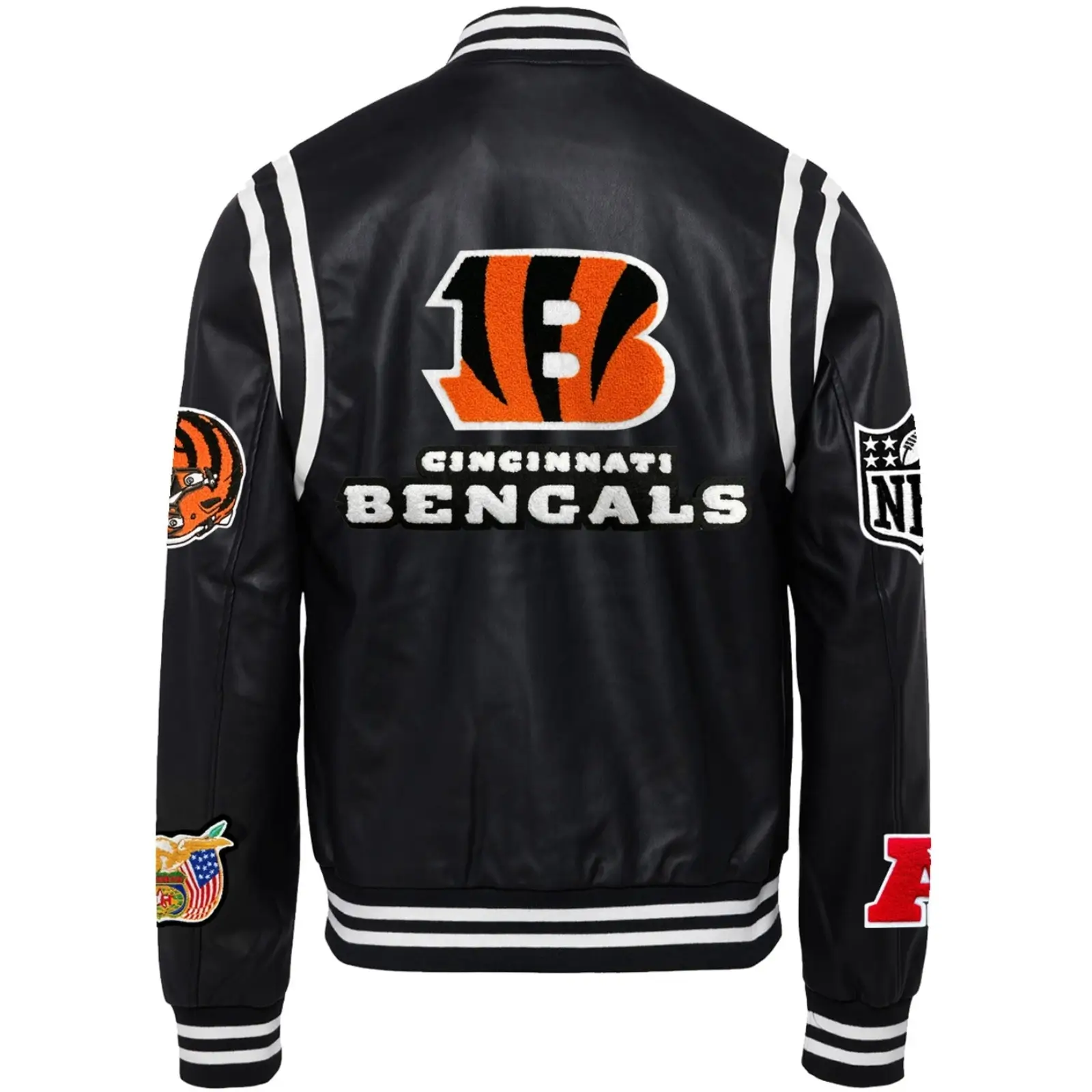 Cincinnati-Bengals-Jeff-Hamilton-Black-Leather-Varsity-Jacket