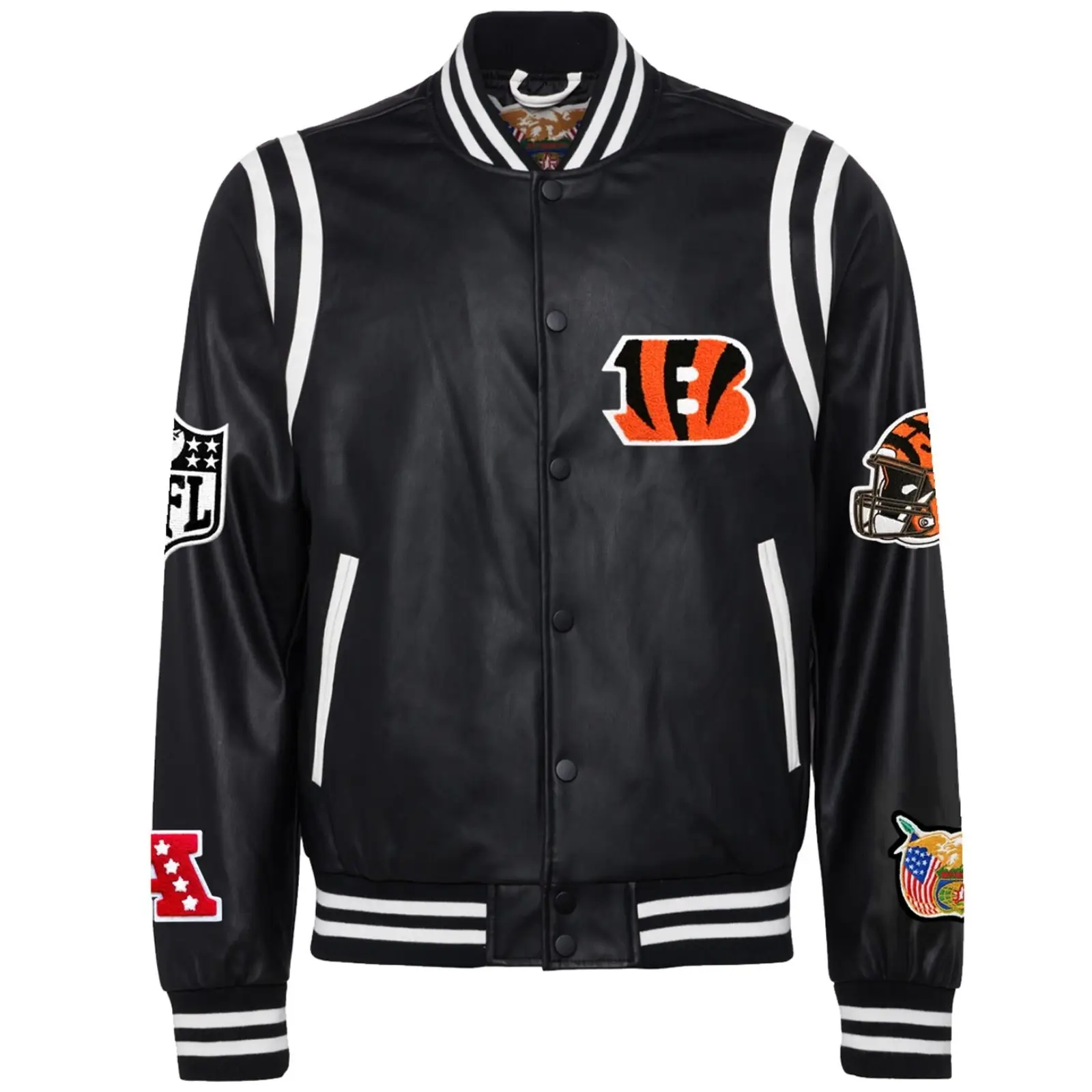 Cincinnati-Bengals-Jeff-Hamilton-Black-Leather-Varsity-Jacket