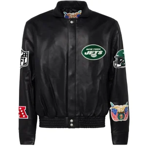 New-York-Jets-Jeff-Hamilton-Black-Vegan-Leather-Full-Snap-Varsity-Jacket