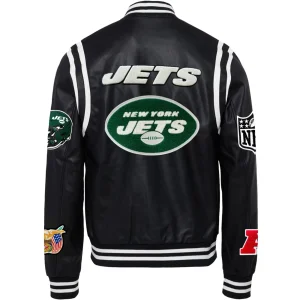 New-York-Jets-Jeff-Hamilton-Black-Vegan-Leather-Full-Snap-Varsity-Jacket