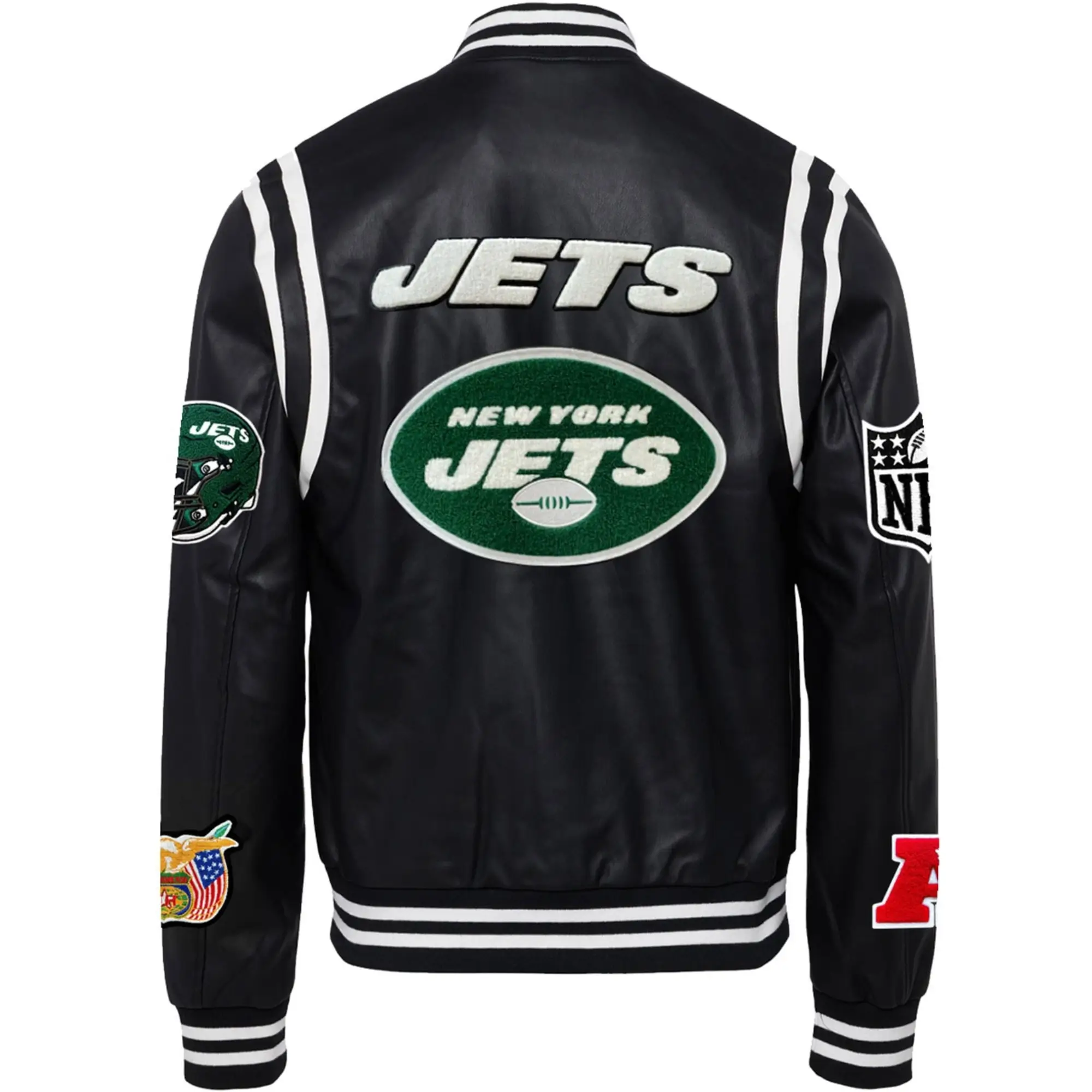New-York-Jets-Jeff-Hamilton-Black-Vegan-Leather-Full-Snap-Varsity-Jacket