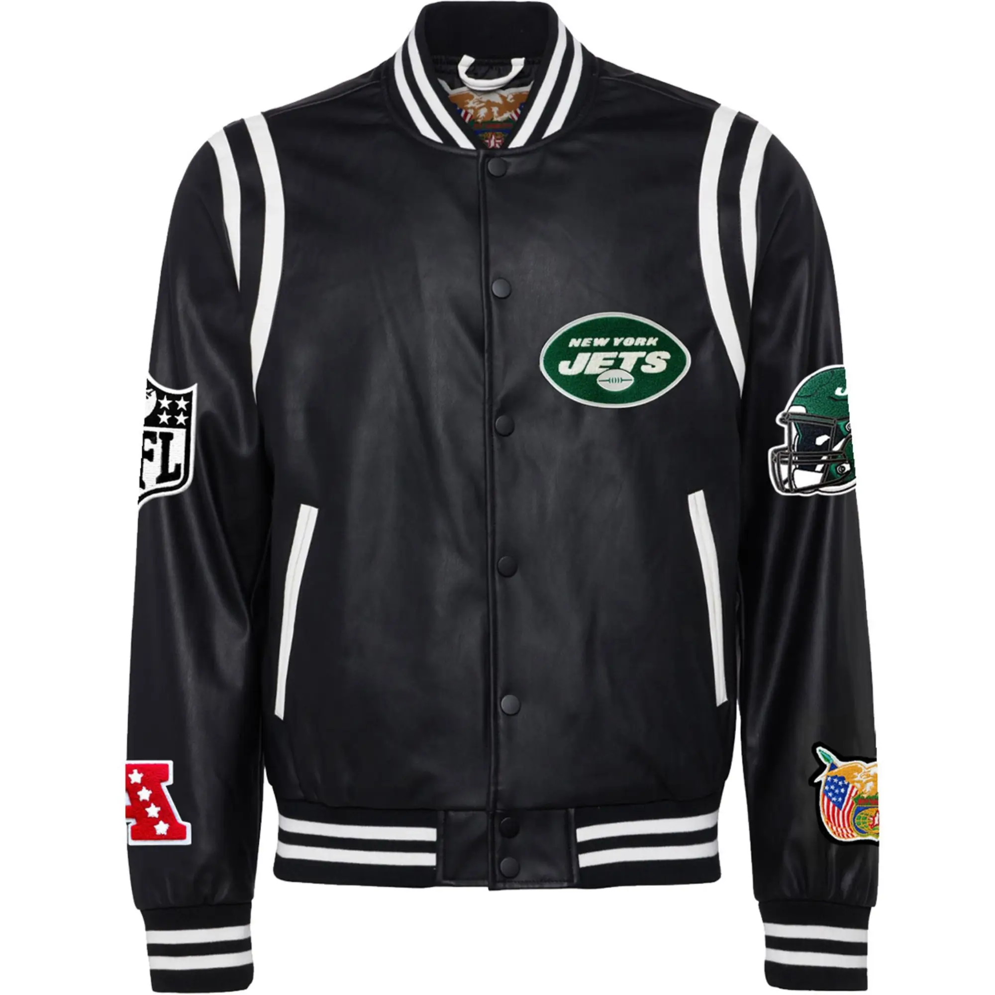 New-York-Jets-Jeff-Hamilton-Black-Vegan-Leather-Full-Snap-Varsity-Jacket