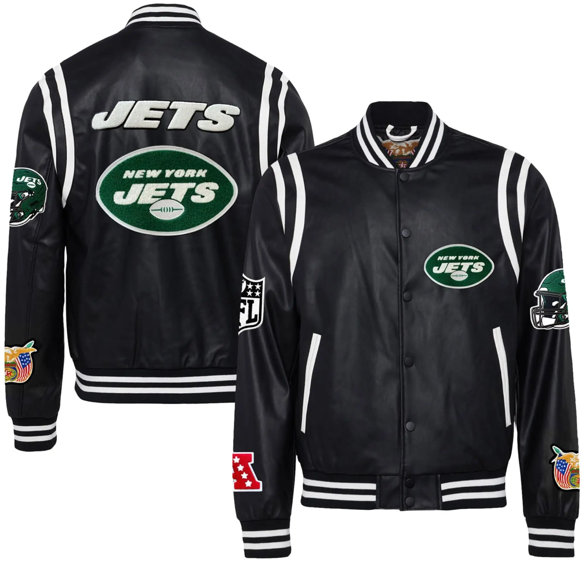 New-York-Jets-Jeff-Hamilton-Black-Vegan-Leather-Full-Snap-Varsity-Jacket