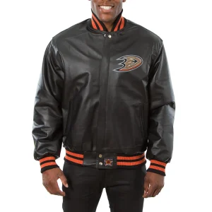 Anaheim Ducks Black Leather Varsity Jacket