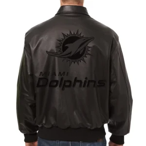 Alternative view of Miami Dolphins Tonal Black Leather Bomber Jacket