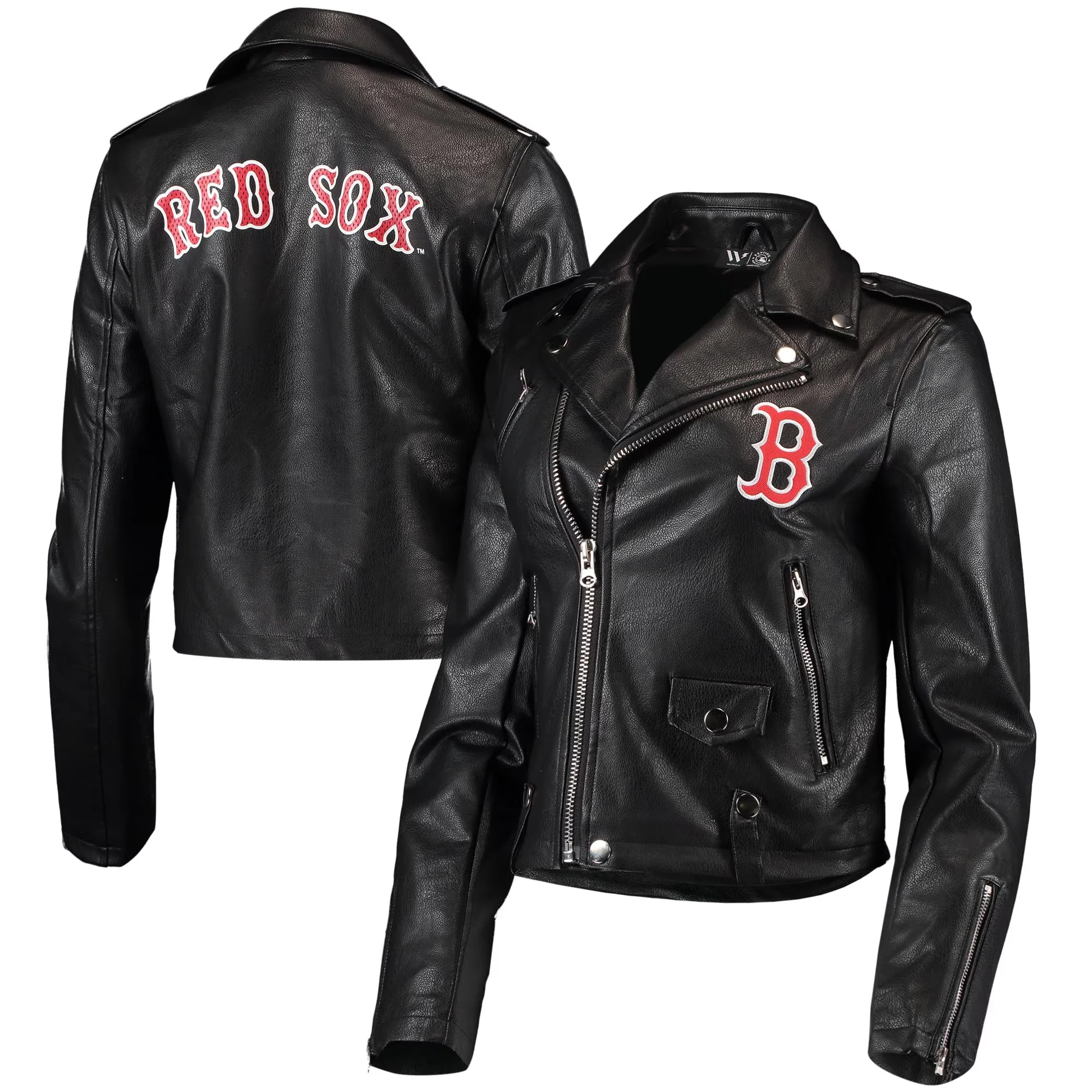 Women’s Boston Red Sox Moto Black Leather Jacket - Image 3