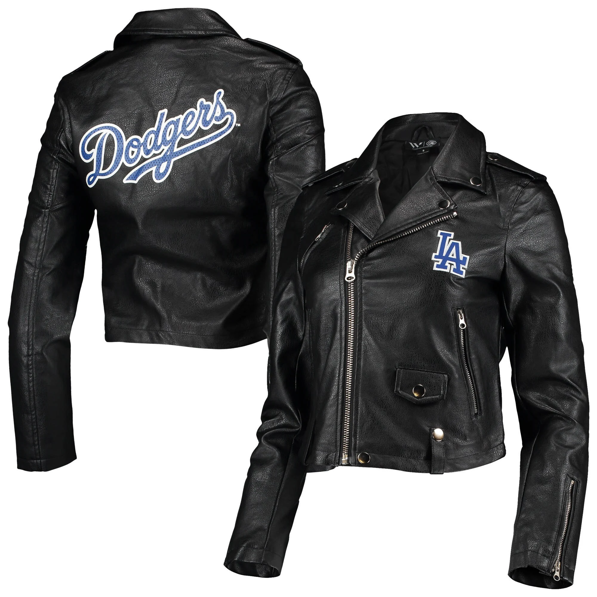mlb los angeles dodgers women's biker full-zip leather black jacket