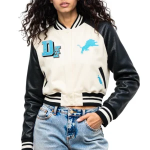 Detroit Lions Best of Women’s Cropped White & Black Varsity Jacket