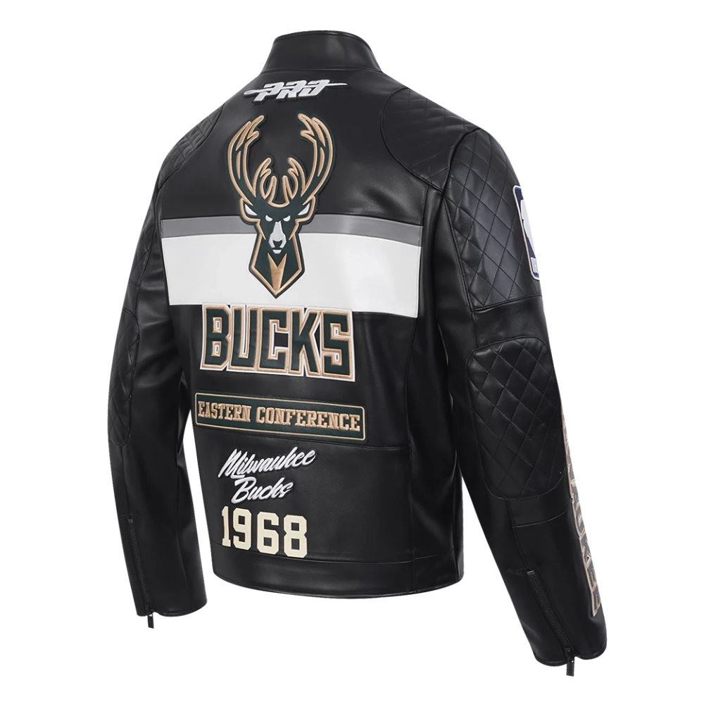 Milwaukee Bucks Men’s Moto Black Leather Jacket - Image 3