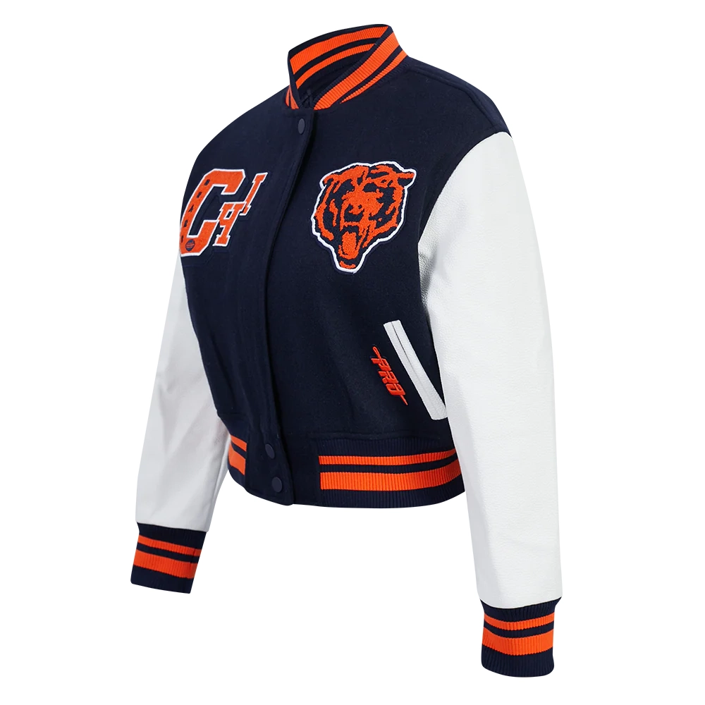 Chicago Bears Best of Women’s Cropped Navy & White Varsity Jacket - Image 3