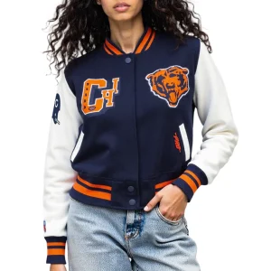 Chicago Bears Best of Women’s Cropped Navy & White Varsity Jacket