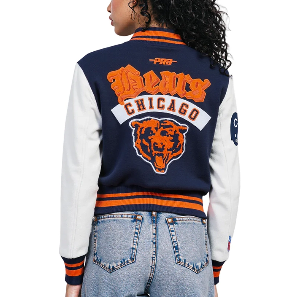 Chicago Bears Best of Women’s Cropped Navy & White Varsity Jacket - Image 2