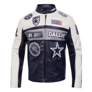 Dallas Cowboys Men’s Moto Black & White Leather Jacket