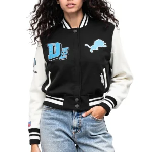 Detroit Lions Best of Women’s Cropped Black & White Varsity Jacket